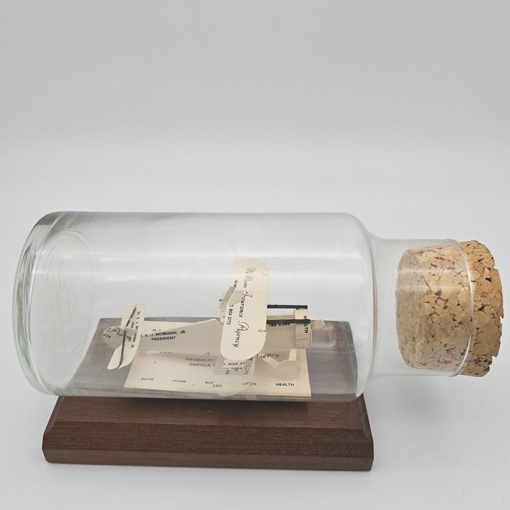Handcrafted Business Card Biplane Airplane Paper Model in Glass Bottle Vintage